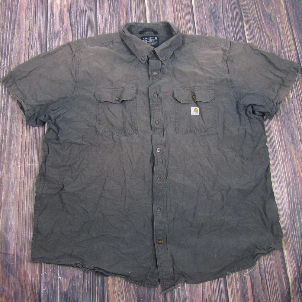 Carhartt Mens 3XLT Tall Gray Button Up Work Shirt Short Sleeve Pockets Loose Fit